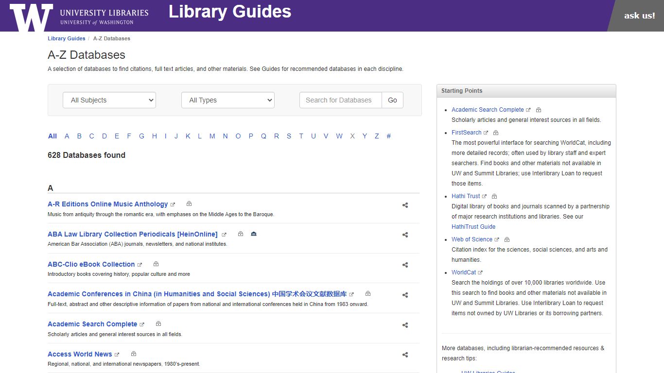 A-Z Databases - University of Washington