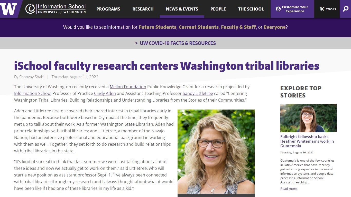 iSchool faculty research centers Washington tribal libraries